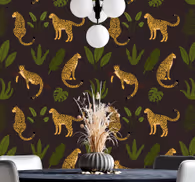 Leopard print wallpaper with foliage patterns