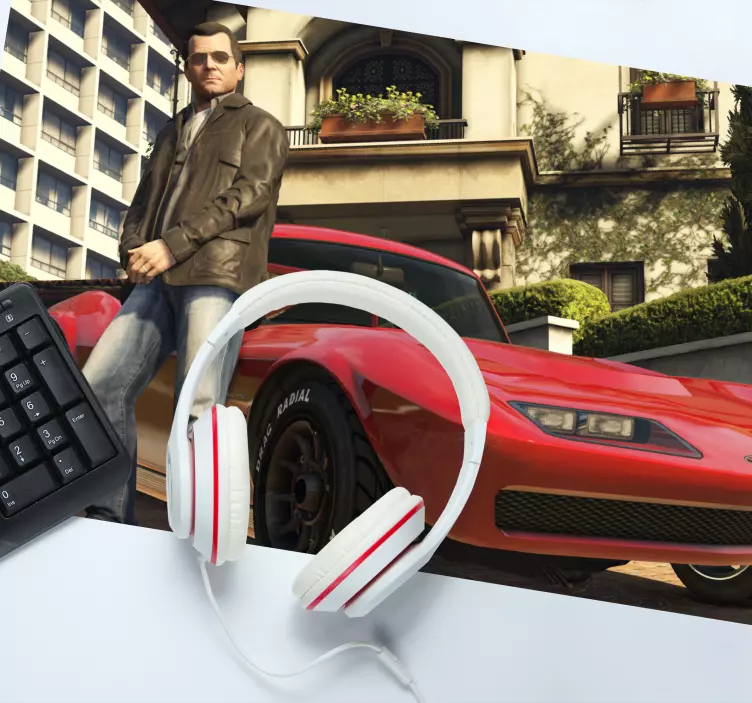 Gaming mouse pad character next to red vehicle - TenStickers