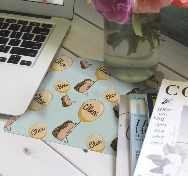 Personalised mouse mat hedgehog with balloons - TenStickers