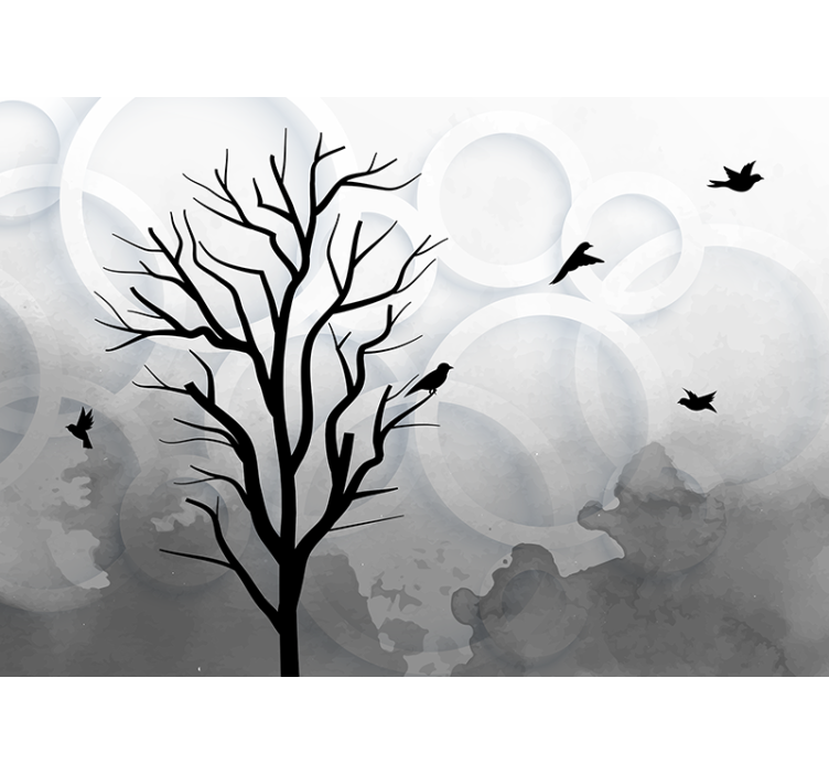Kitchen roller blind with artistic black tree and birds - TenStickers