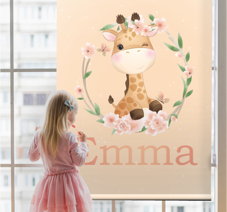Cute giraffe for girl with name kids roller blind - TenStickers
