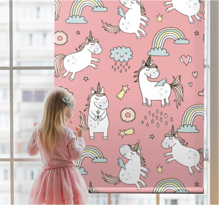 Cute unicorns and over pink kids roller blind - TenStickers