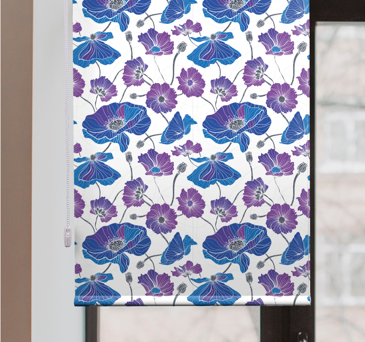 Blue and pink flowers and plants pattern roller blind  - TenStickers