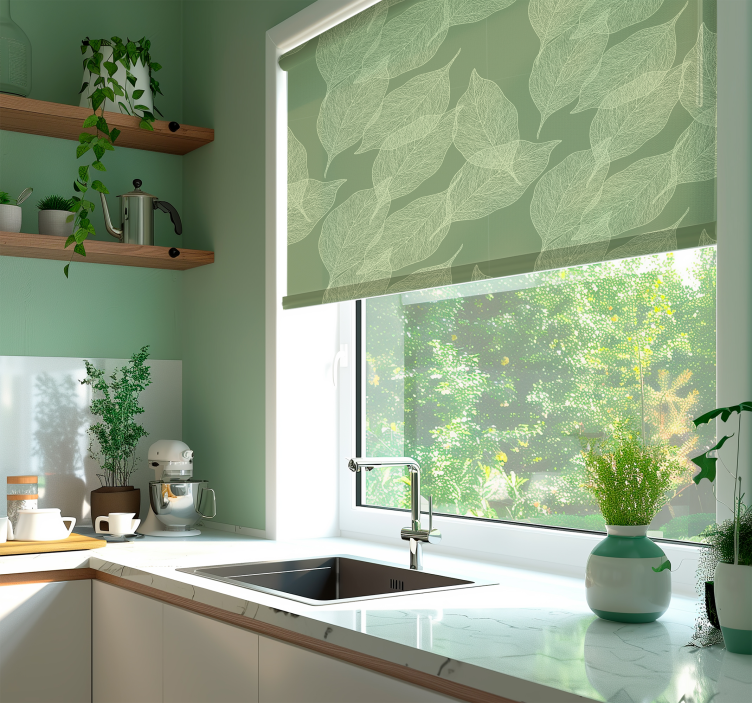 Large leaf pattern green modern kitchen blind - TenStickers