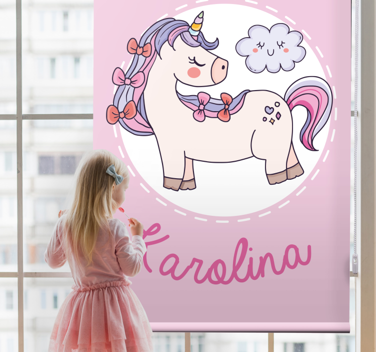 Pink unicorn with name kids roller blind - TenStickers