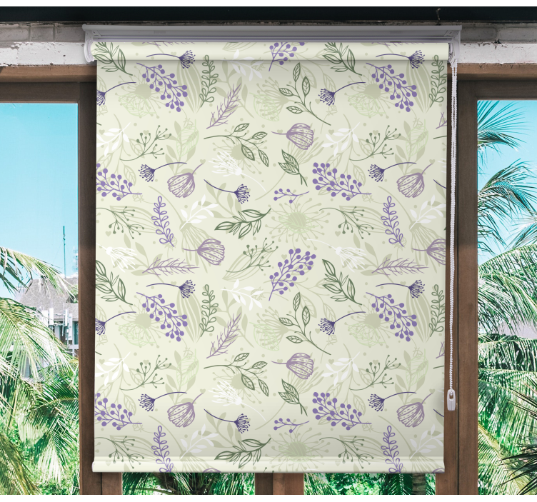 Floral roller blind Purple flowers on green background - TenStickers