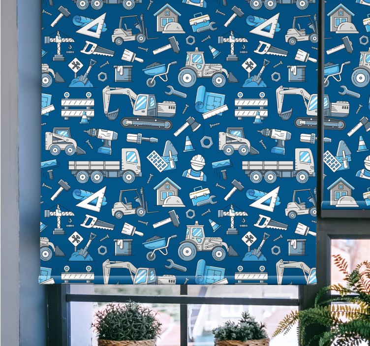 White excavators on a blue background kids roller blind - TenStickers