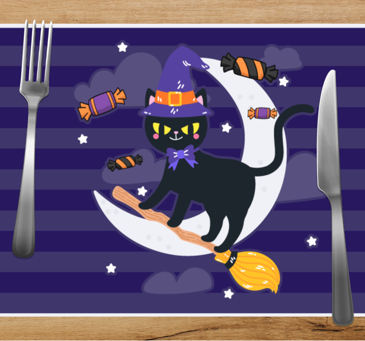 Halloween placemat with witchy cat on broom - TenStickers