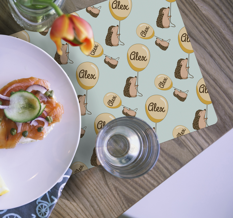 Hedgehog with balloons with name children placemat - TenStickers