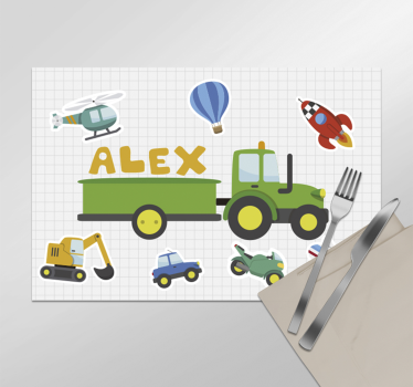 Cartoon tractors transport personalised kids placemat - TenStickers