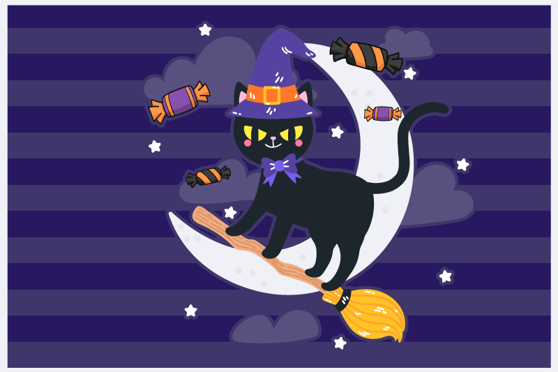 Halloween placemat with witchy cat on broom - TenStickers