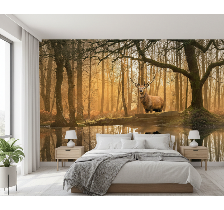 Forest wallpaper golden stag lake - TenStickers