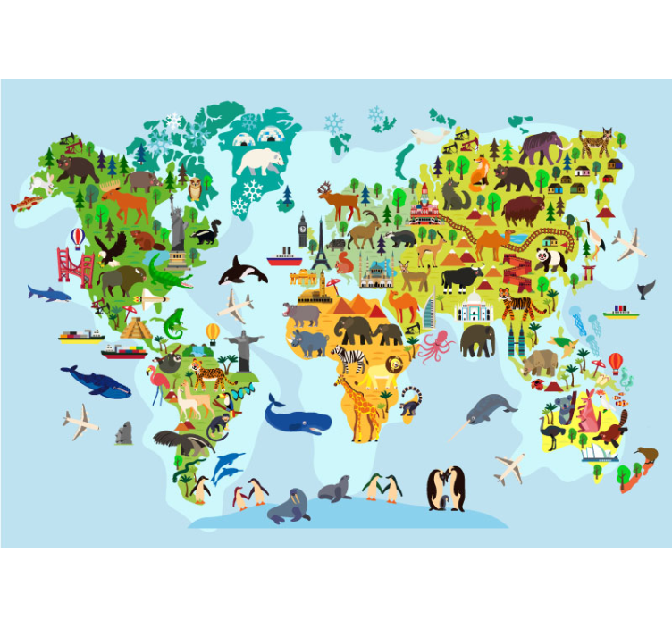 Children worldmap with monuments and animals - TenStickers
