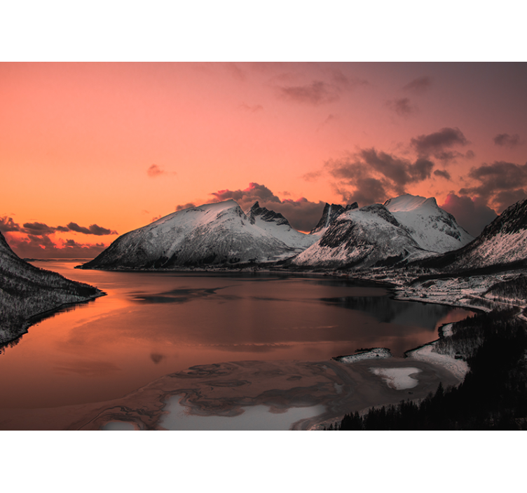 Sunset snowed reflection wall mural mountain - TenStickers