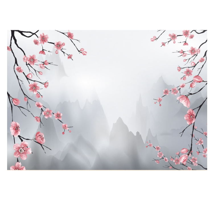 Cherry blossom branches Mountain living room wallpaper - TenStickers