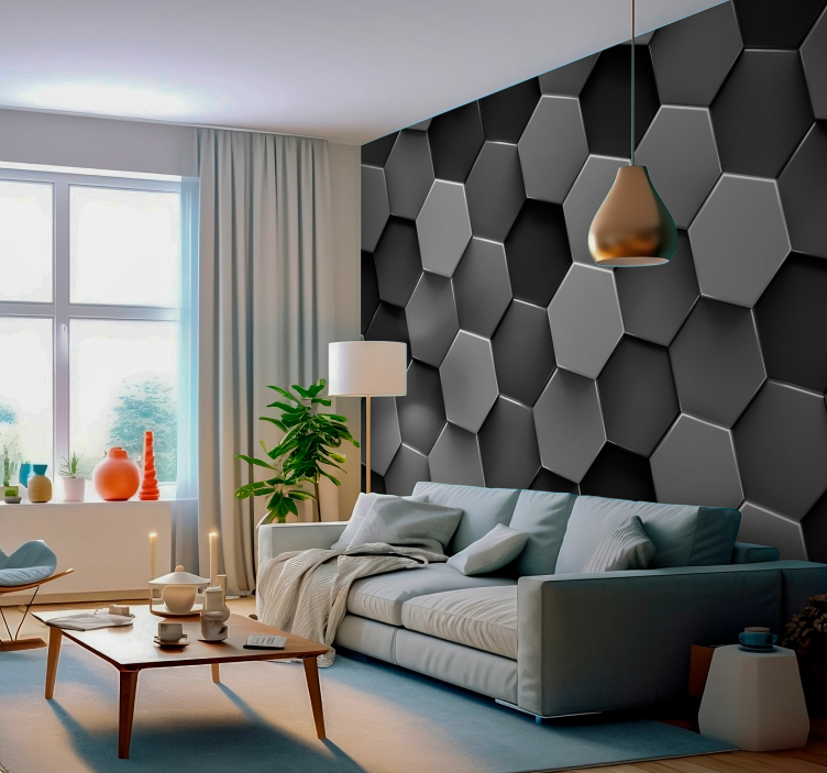 Grey hexagon pattern 3D wallpaper - TenStickers