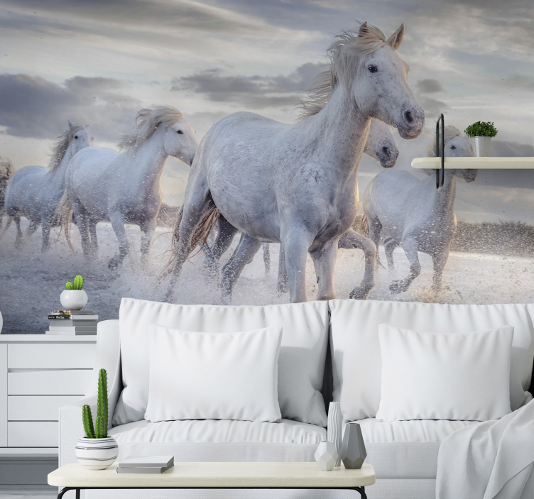 Animals wall mural racing white stallions - TenStickers