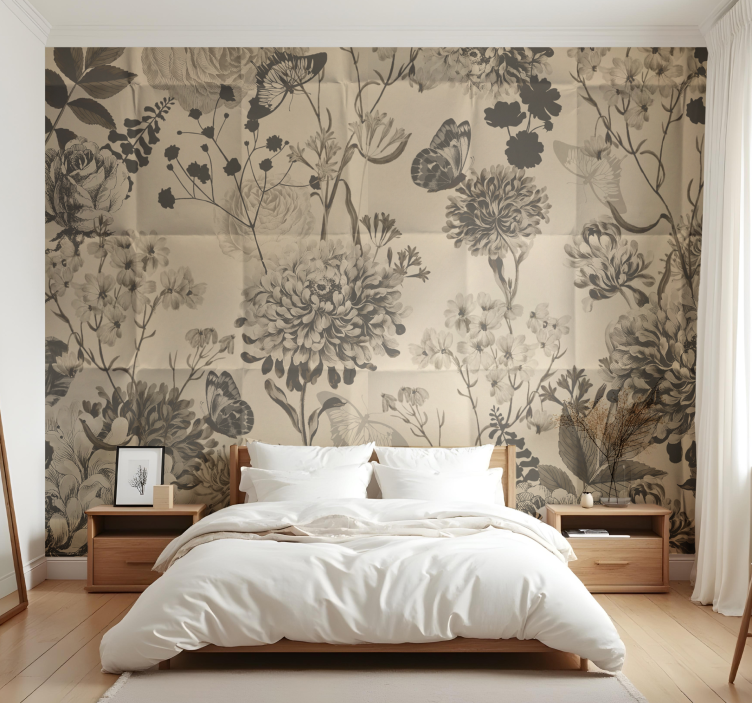 Beige floral design wall mural master bedroom - TenStickers