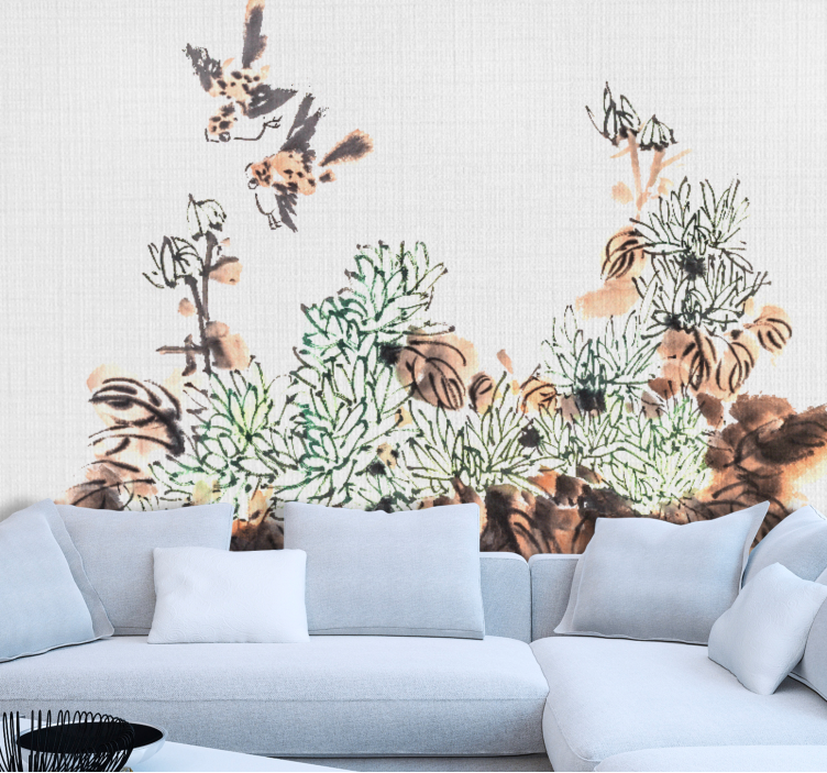 Birds Among Foliage living room wall mural - TenStickers