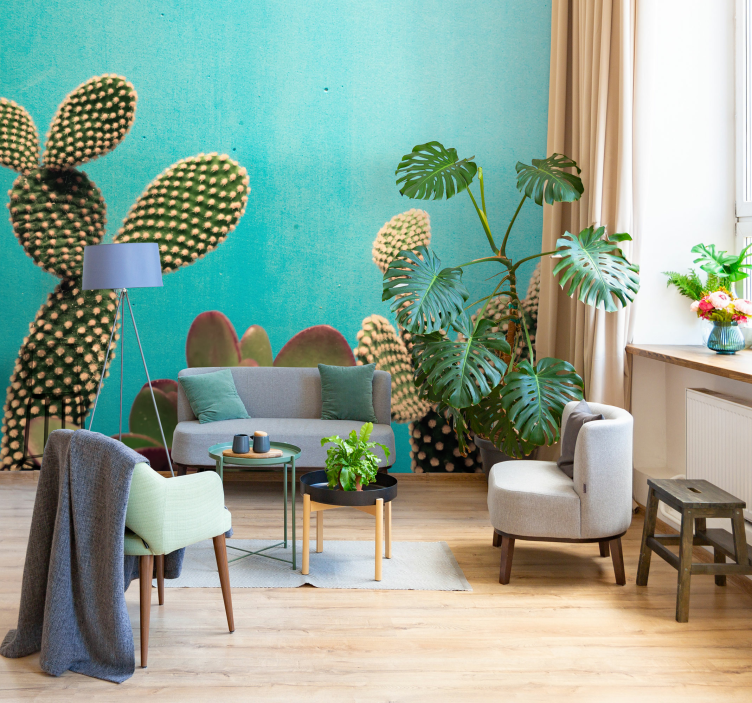Cactus plants blue wall mural wallpaper - TenStickers
