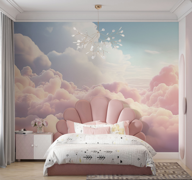 Pink clouds landscape children's bedroom wallpaper - TenStickers