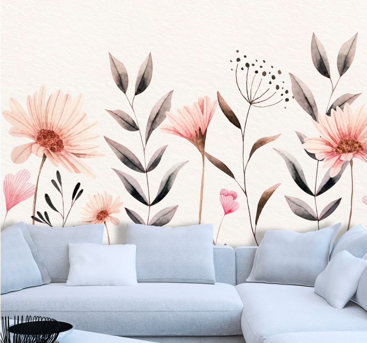 Delicate beige arrangement flower living room wallpaper - TenStickers