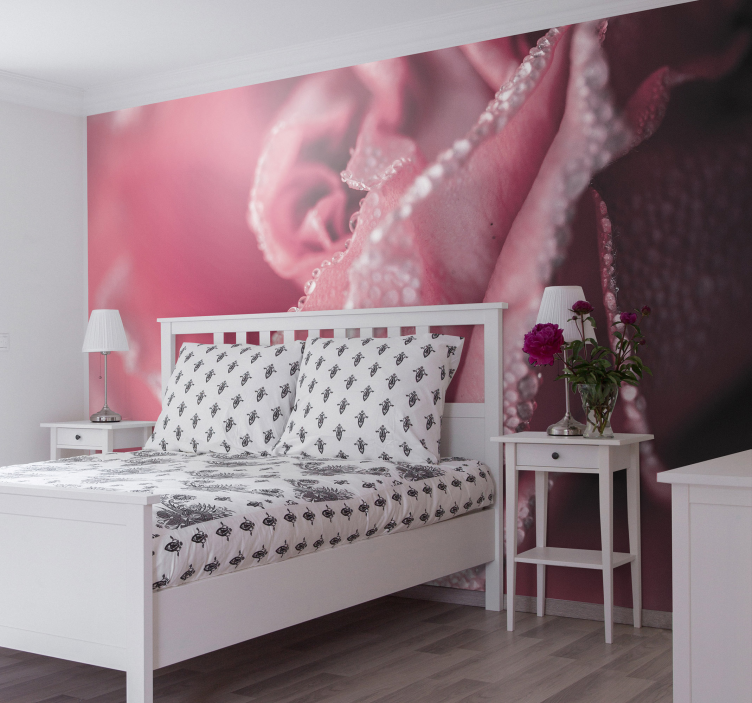 Dewy pink rose flower wall mural - TenStickers