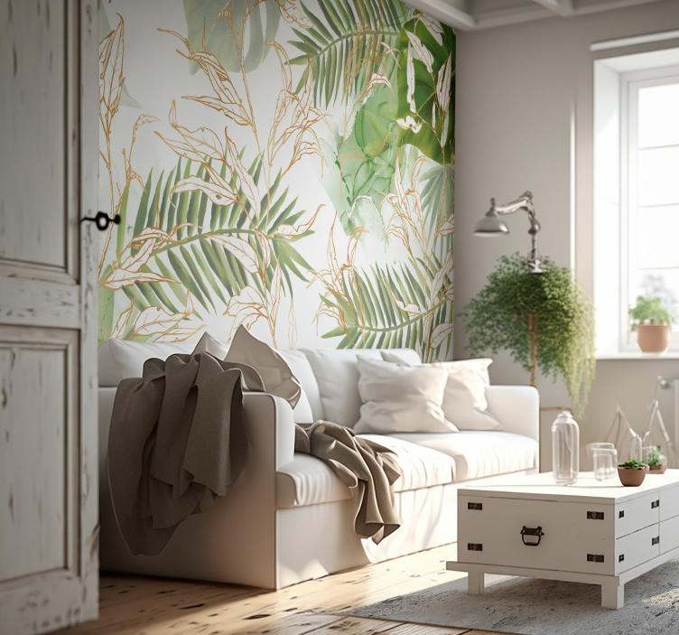 Elegant palm leaves Living room wall mural  - TenStickers