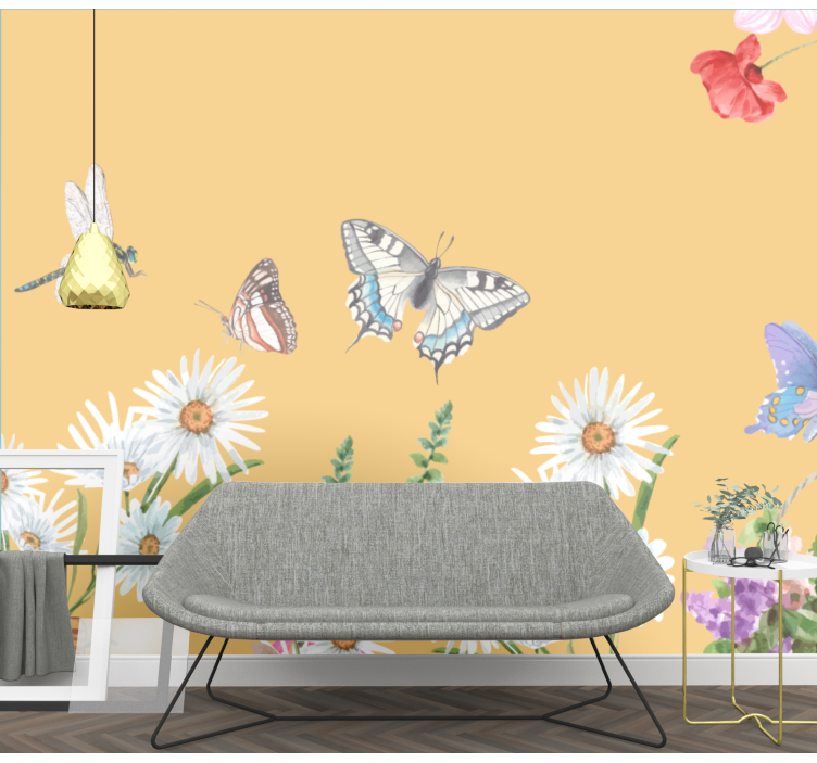 Flower wall mural butterfly floral scene - TenStickers