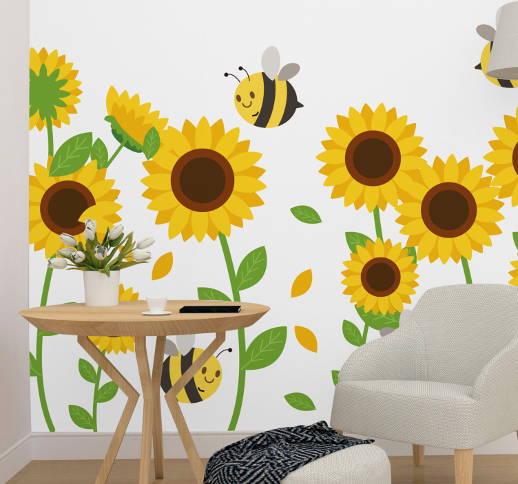 Flower wall mural cheerful sunflowers buzzing bees - TenStickers