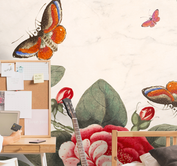 Flower wall mural fluttering insects and blossoms - TenStickers