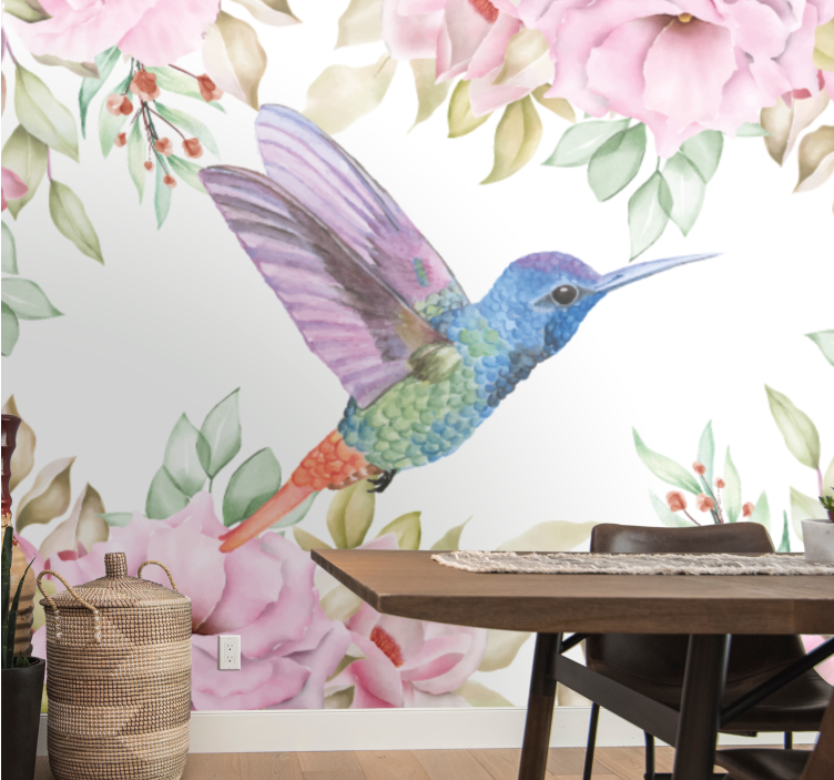 Flower wall mural hummingbird among blossoms - TenStickers