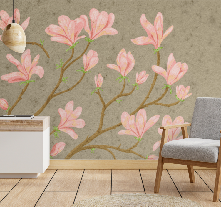 Flower wall mural pink magnolia blossoms - TenStickers