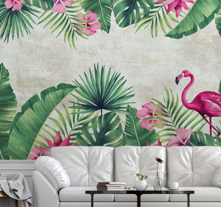Flower wall mural tropical flora flamingo - TenStickers