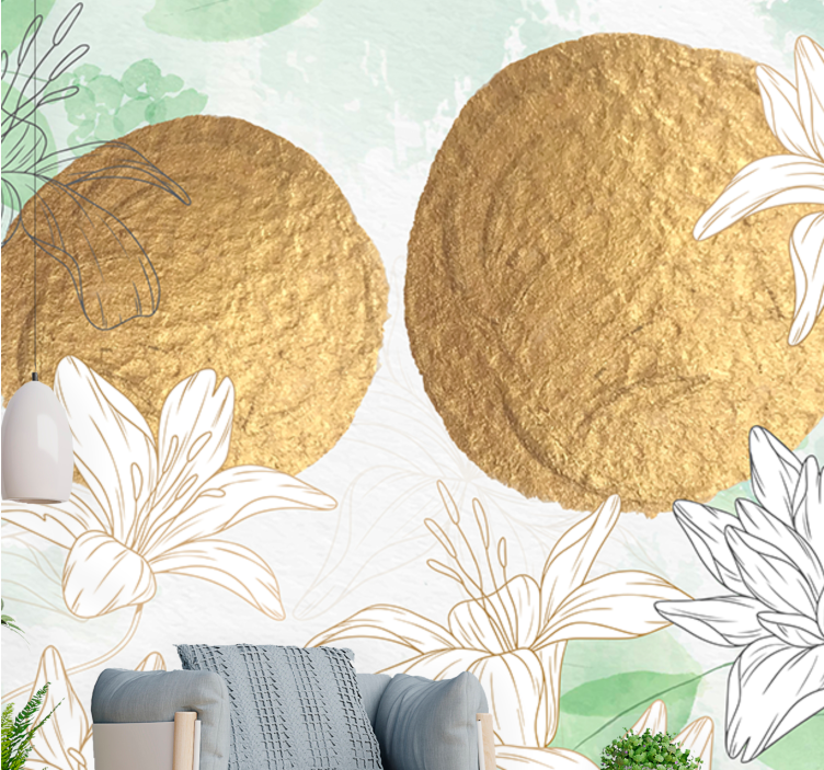 Flower wall mural with golden floral highlights - TenStickers