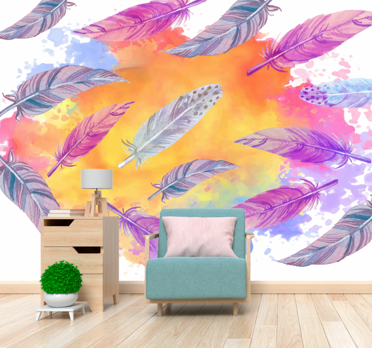 Flower wall mural with vibrant feather patterns - TenStickers