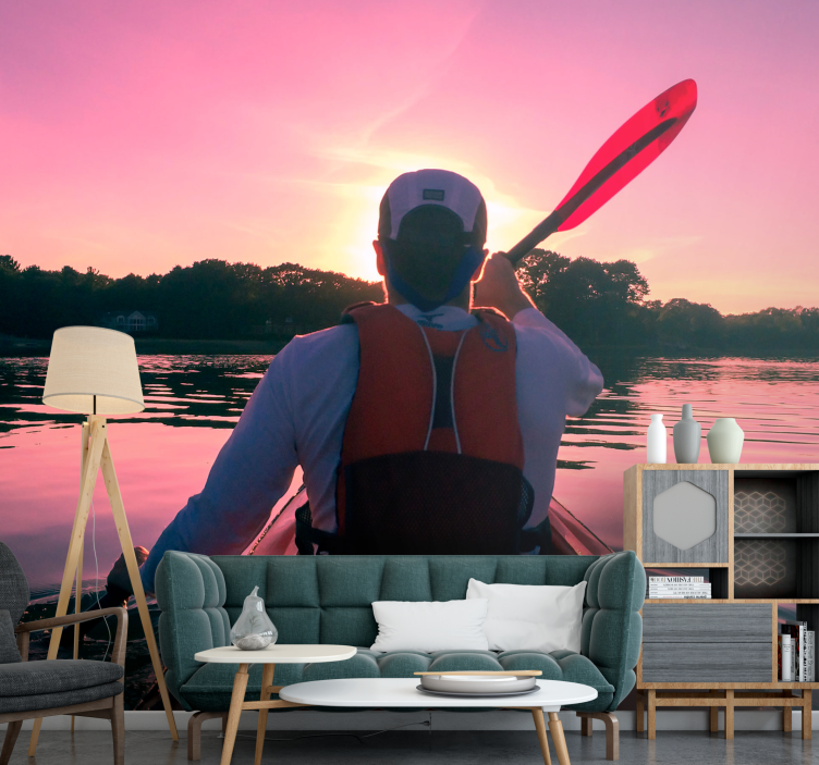 Landscape wall mural kayaker sunset reflection - TenStickers