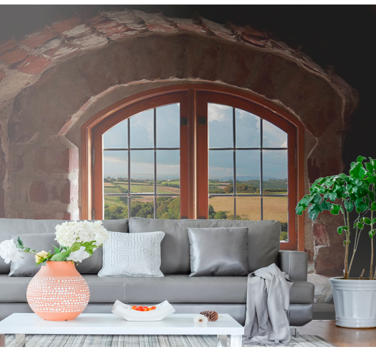 Landscape wall mural stone arch window - TenStickers