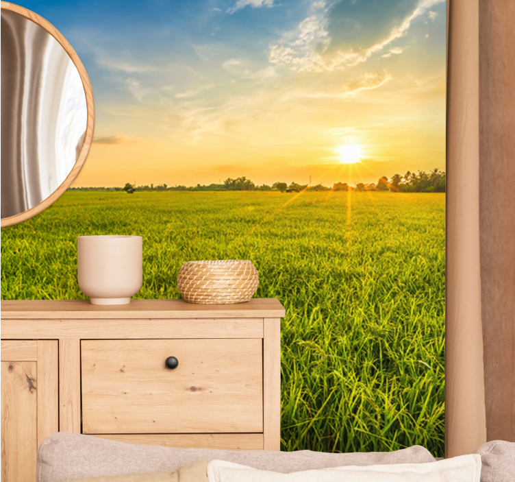Landscape wall mural sunset over greenfields - TenStickers