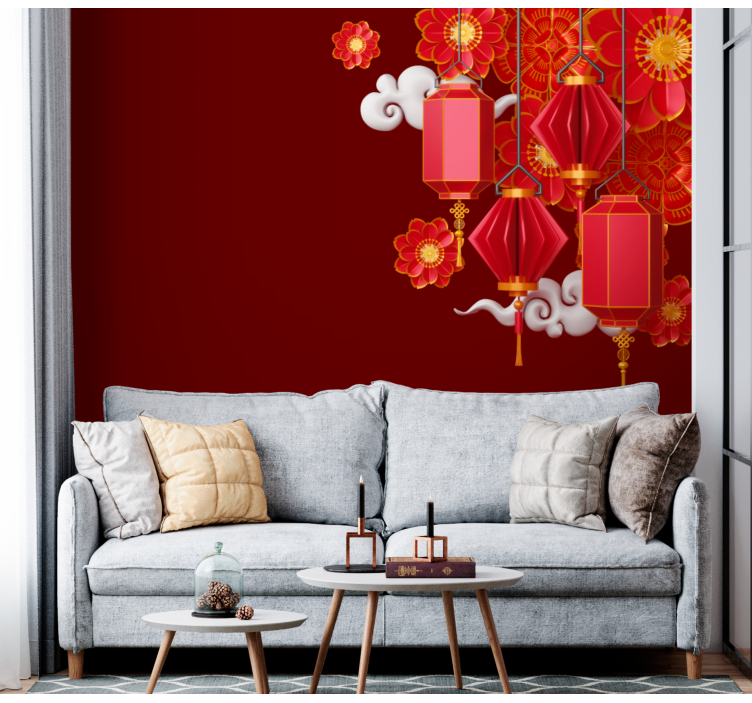Lanterns and Flowers wall mural buddha - TenStickers