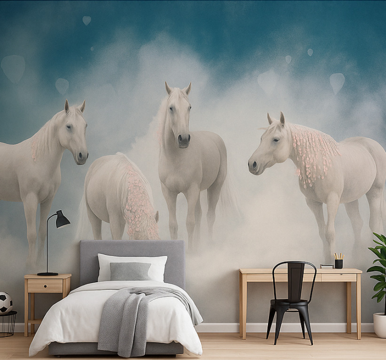 Magical white horses wall mural teen bedroom - TenStickers