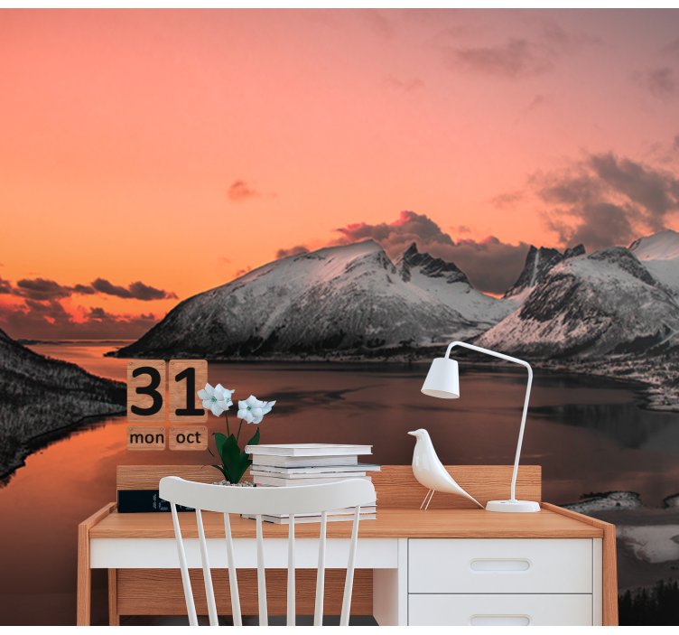 Sunset snowed reflection wall mural mountain - TenStickers