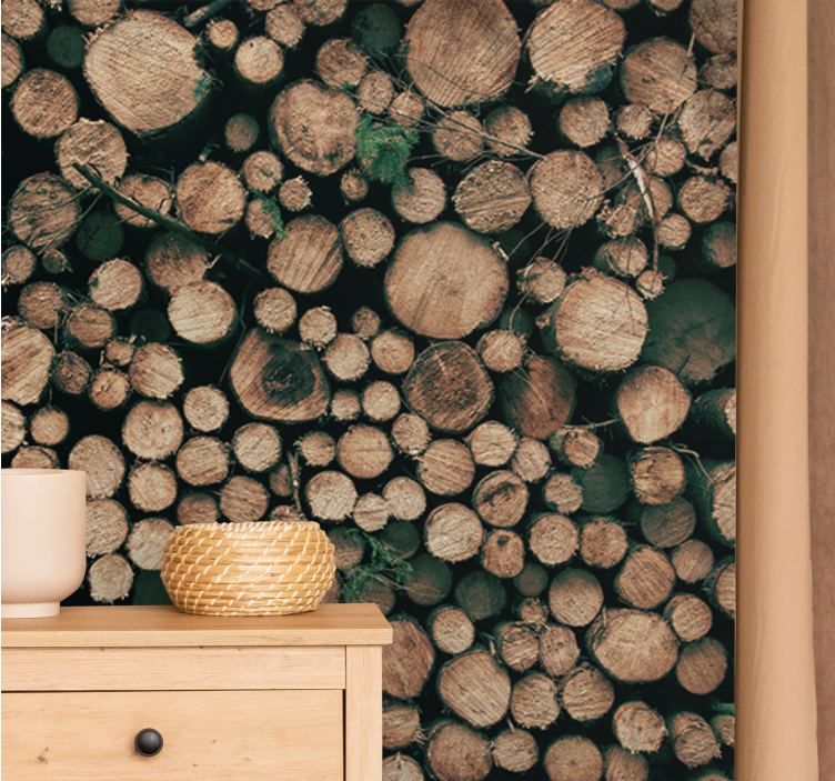 Mural stone wall timber log stack - TenStickers