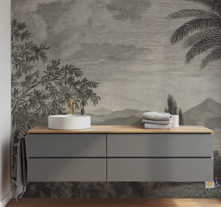 Nature landscape grey wall mural bathroom - TenStickers