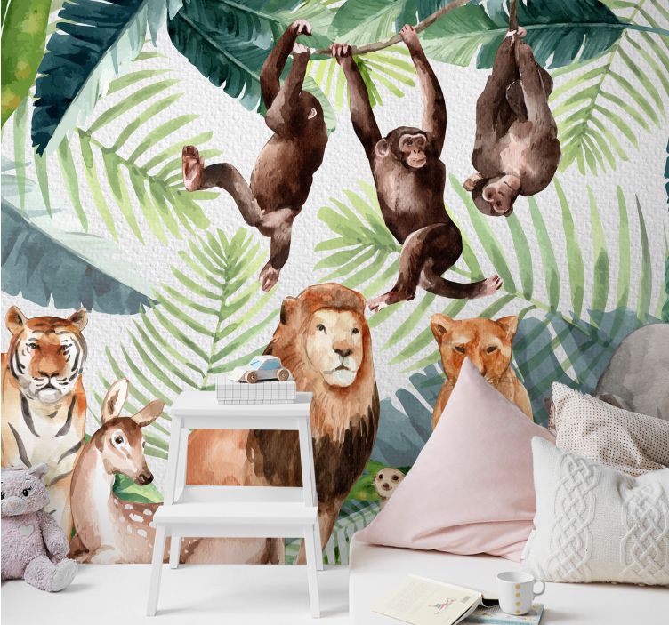 Painted Jungle safari Kids living room wallpaper - TenStickers