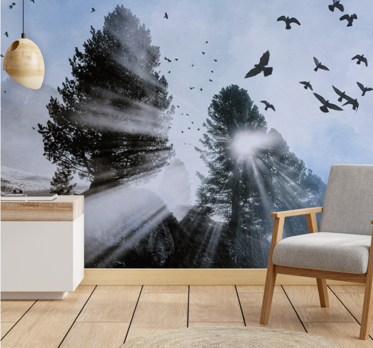 Radiant orest rays with birds forest wall mural - TenStickers