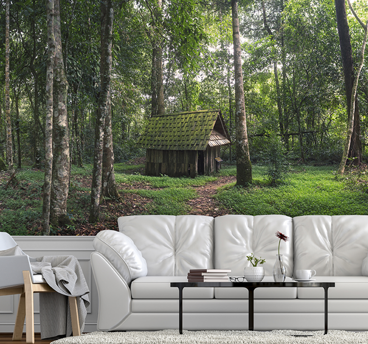 Secluded Wooden Cabin forest wall mural - TenStickers