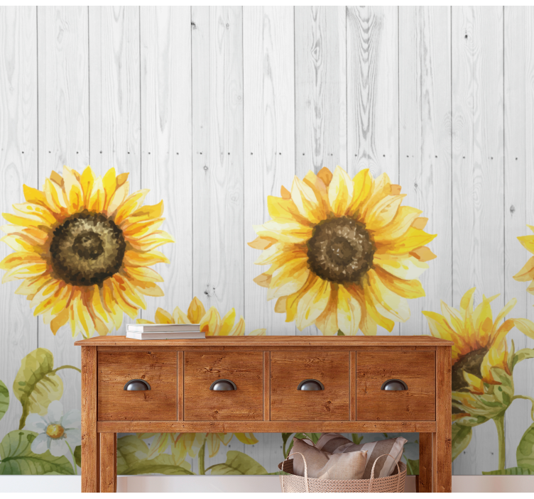 Sunflowers over wooden texture flower wall mural - TenStickers