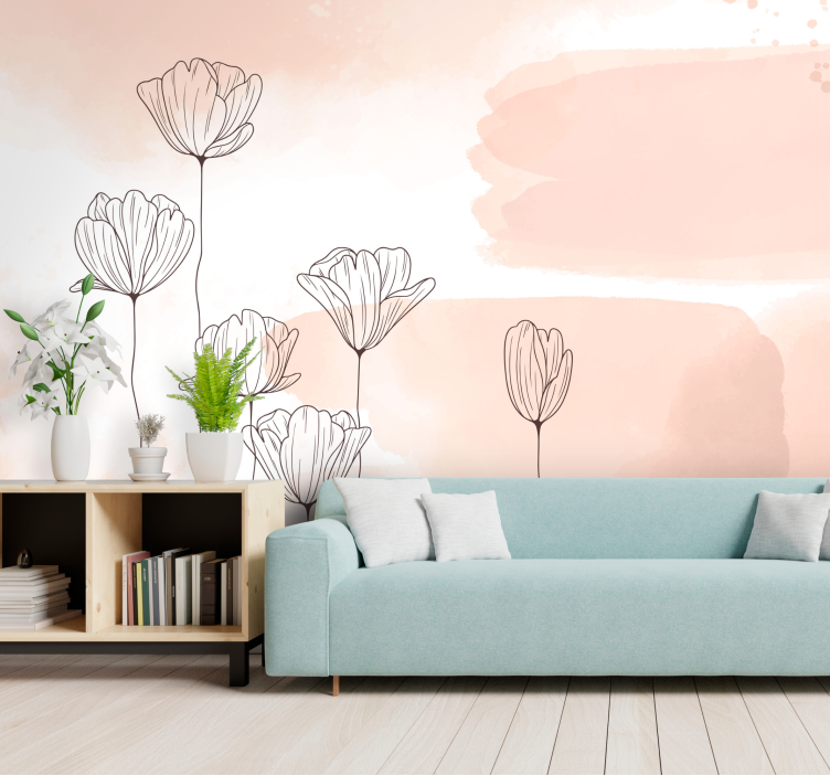 Cartoon flowers on pink living room wallpaper - TenStickers