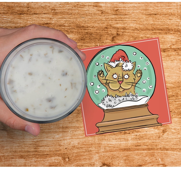 Christmas coasters featuring a festive cat snow globe - TenStickers